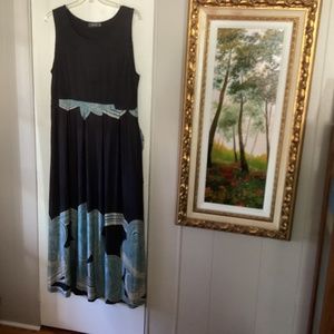 Ice Silk Black, Tan & Teal Sleeveless Maxi Dress Pockets Size 2XL